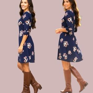 French Grey Navy Floral Midi Dress